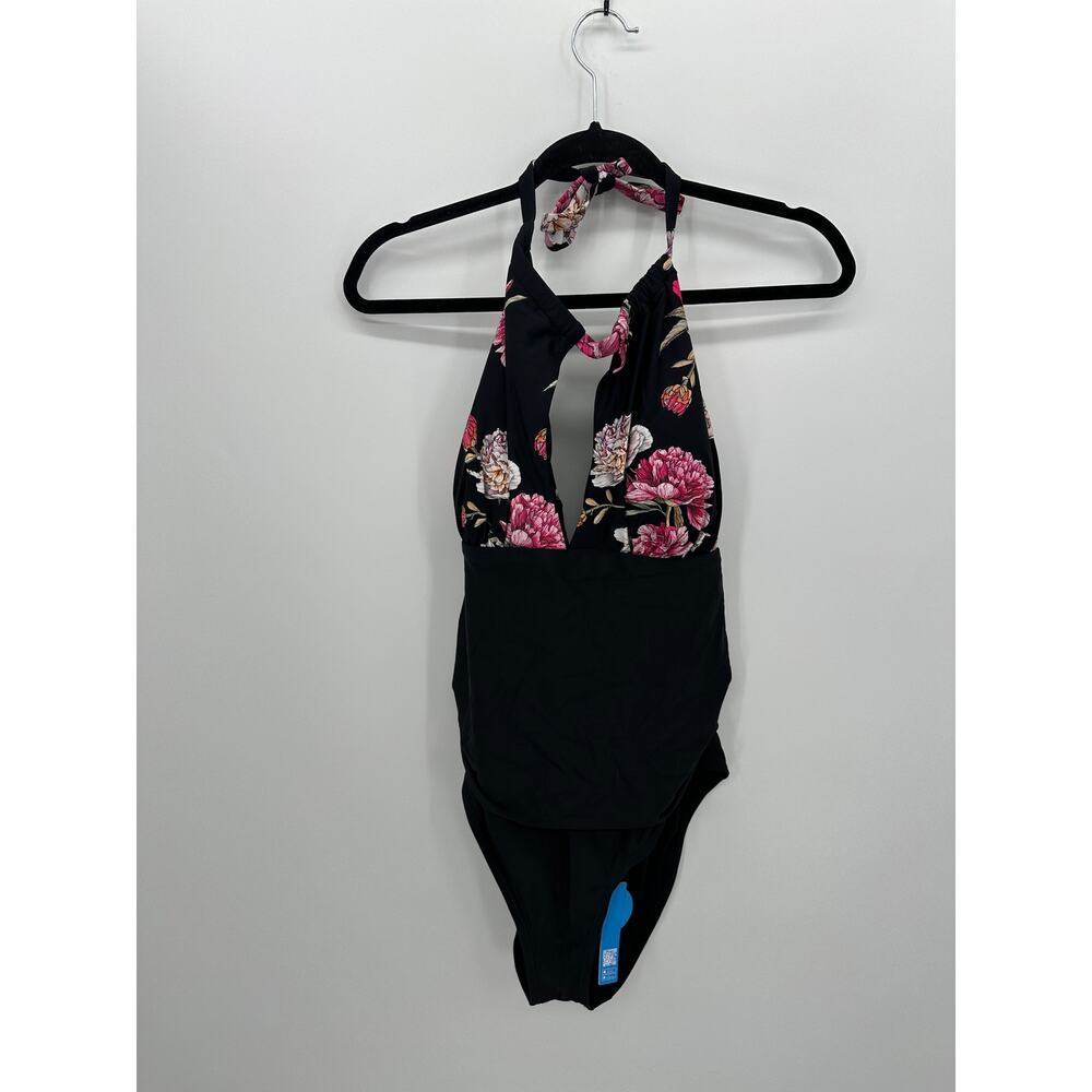 Cupshe Womens One Piece Swimsuit Black Floral Halter Ruched Keyhole Size 2X NWT